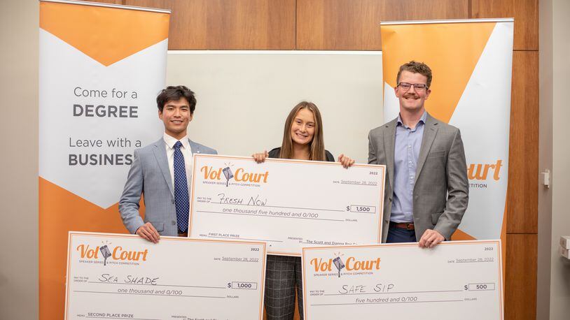 The fall 2022 Vol Court top entrepreneurs, from left to right: Anthony Do, Taylor Gingrich and Tanner Hawkins. CONTRIBUTED PHOTO
