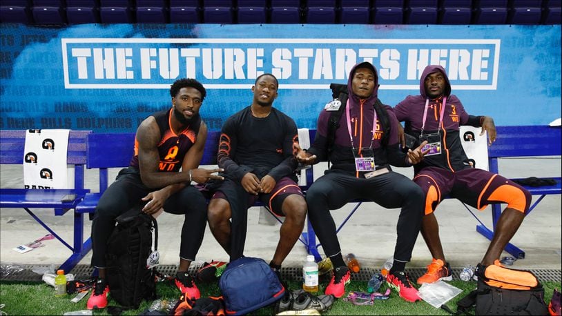 INDIANAPOLIS, IN - MARCH 02: Wide receivers (from left) Parris Campbell and Terry McLaurin of Ohio State, Emmanuel Butler of Northern Arizona and Tyre Brady of Marshall look on during day three of the NFL Combine at Lucas Oil Stadium on March 2, 2019 in Indianapolis, Indiana. (Photo by Joe Robbins/Getty Images)