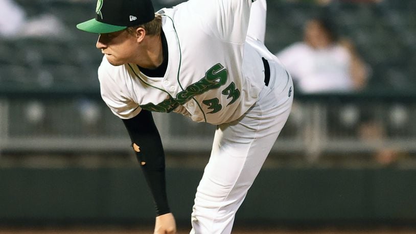 Dayton Dragons reliever Braxton Roxby fires a pitch plateward during a game this season. Nick Falzerano/CONTRIBUTED