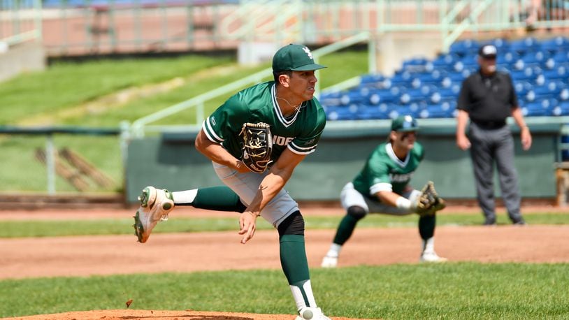 Wright State's Sebastian Gongora watches his pitch during a game last week at Youngstown State. The 6-foot-5 lefty has a 9-1 record and a 2.87 earned-run average with 77 strikeouts in 78.1 innings.He’s first in the Horizon League in wins and ERA. Wright State Athletics photo