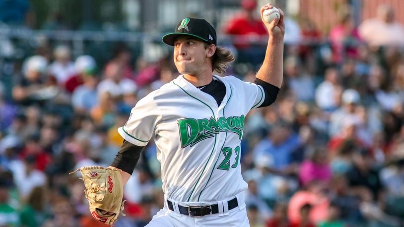 Cincinnati Reds 2019 first-round pick Nick Lodolo pitched three innings, allowing one run on three hits with five strikeouts and no walks in his first start for the Dayton Dragons against the Great Lakes Loons on Thursday night at Fifth Third Field. The Loons scored three runs in the ninth inning to beat the Dragons 6-4. CONTRIBUTED PHOTO BY MICHAEL COOPER