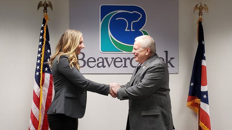 Beavercreek Mayor Bob Stone swore in the newest City Council Member, Tiffany Schwartz, on Monday, Feb. 10. CONTRIBUTED