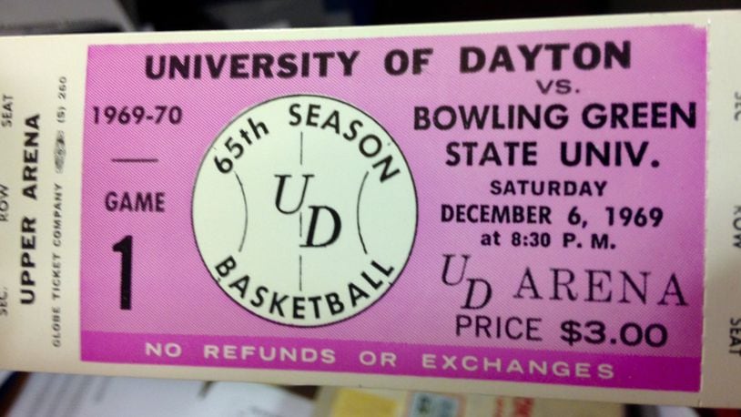 This is a ticket from the first Flyers basketball game at UD Arena in 1969. Gary McCans, former director of premium seating, has boxes of old tickets from arena games and concerts. BRIAN KOLLARS / STAFF