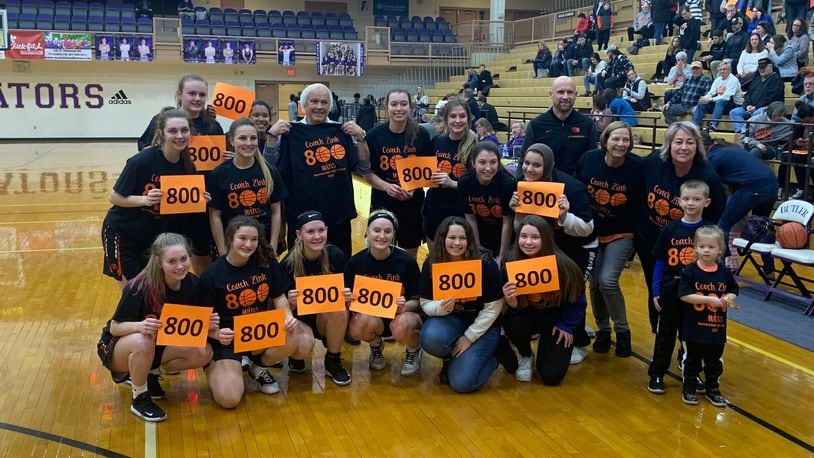 Beavercreek girls basketball coach Ed Zink won his 800th career game Tuesday night as the Beavers beat Troy in a Division I tournament game. Eric Frantz/CONTRIBUTED