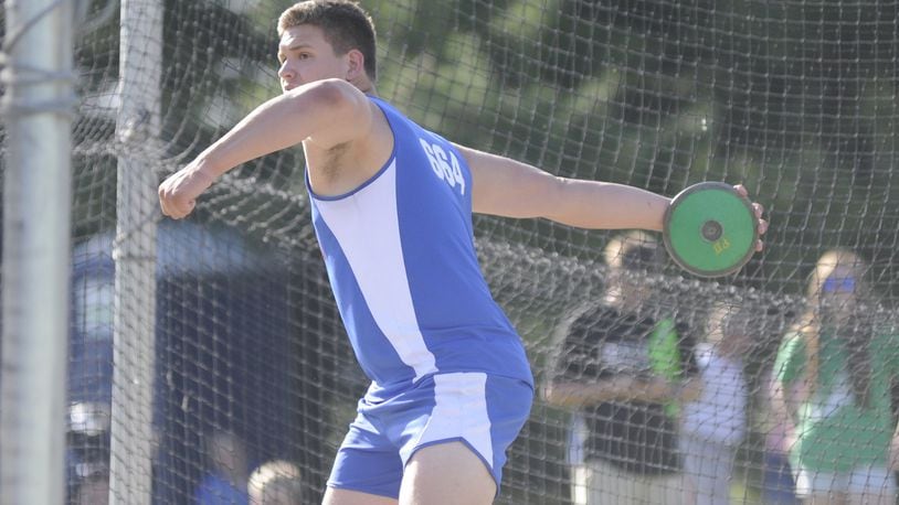 Northwestern sophomore Korbin Spencer was third in the discus. The first day of the D-II regional track and field meet was at Piqua on Thu., May 24, 2018. MARC PENDLETON / STAFF