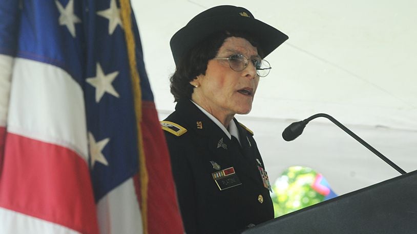 Kathy Platoni, Psy.D., retired U.S. army colonel, gives the Memorial Day address at the Dayton National Cemetery in May 2016.