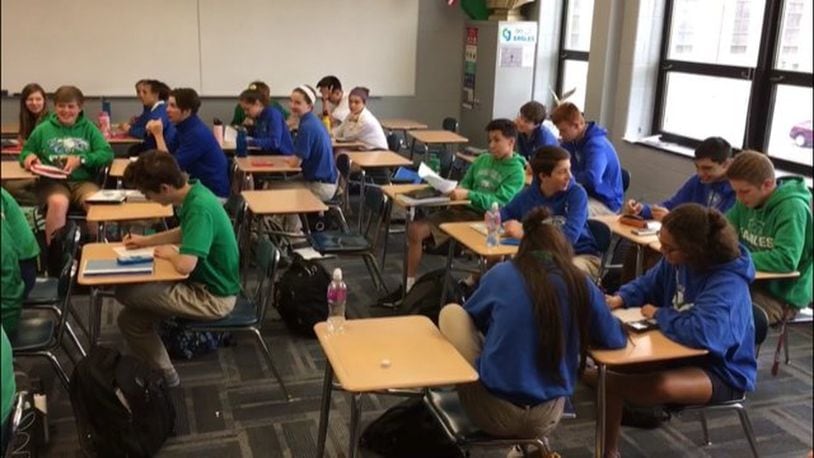 Chaminade Julienne students do classwork and have discussions during a mid-day math class. STAFF FILE PHOTO / JEREMY P. KELLEY
