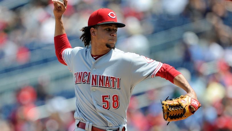 WASHINGTON, DC - AUGUST 05:  Luis Castillo #58 of the Cincinnati Reds pitches in the first inning against the Washington Nationals at Nationals Park on August 5, 2018 in Washington, DC.  (Photo by Greg Fiume/Getty Images)