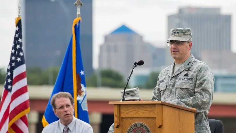 Maj. Gen. William T. Cooley, ex-commander of the Air Force Research Laboratory, delivers remarks during the McCook Field Centennial ceremony in Dayton on Oct. 6, 2017.  (U.S. Air Force photo by Wesley Farnsworth)
