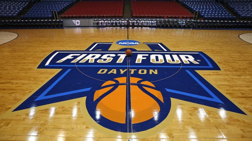 The floor, backbooards and hoops are ready for the NCAA First Four games a UD Arena. Team practices start on Monday for the first game on Tuesday at 6:30. TY GREENLEES / STAFF