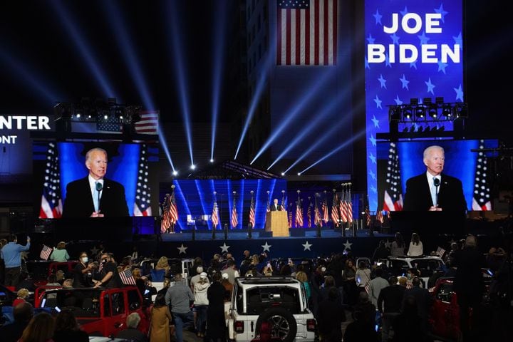 President-elect Joe Biden speaks in Wilmington, Del., on Saturday night, Nov. 7, 2020. (Erin Schaffy/The New York Times)