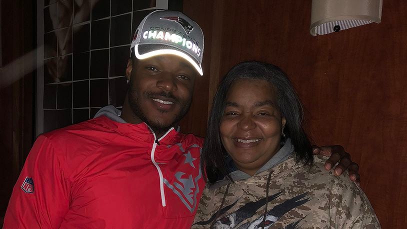 New England Patriots linebacker Nicholas Grigsby poses with his mother, Ernestine, following the team’s win the AFC Championship Game on Jan. 21. SUBMITTED PHOTO