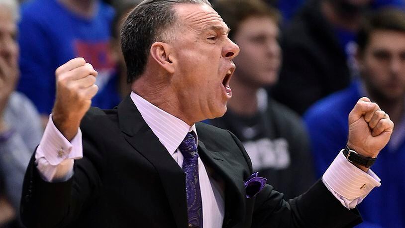 TCU coach Jamie Dixon yells instructions to his team during the first half against Kansas at Allen Fieldhouse in Lawrence, Kan., on Tuesday, Feb. 6, 2018. Kansas won, 71-64. (Rich Sugg/Kansas City Star/TNS)