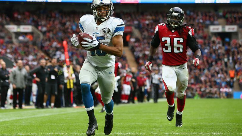 Golden Tate #15 of the Detroit Lions runs through to score a touchdown in the third quarter during the NFL match between Detroit Lions and Atlanta Falcons at Wembley Stadium on October 26, 2014 in London, England. (Photo by Jordan Mansfield/Getty Images)