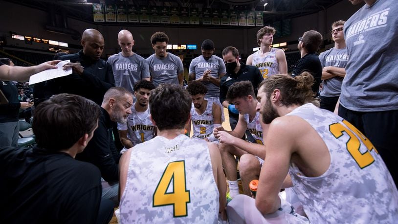 Wright State's Scott Nagy talks to his team during a timeout against Oakland at the Nutter Center on Feb. 5, 2022. Joseph Craven/Wright State Athletics
