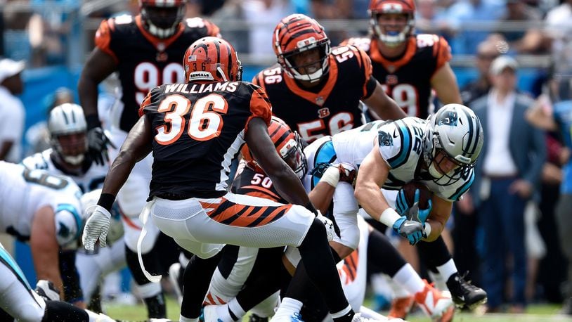 Christian McCaffrey #22 of the Carolina Panthers runs the ball against the Cincinnati Bengals in the first quarter during their game at Bank of America Stadium on September 23, 2018 in Charlotte, North Carolina. (Photo by Grant Halverson/Getty Images)