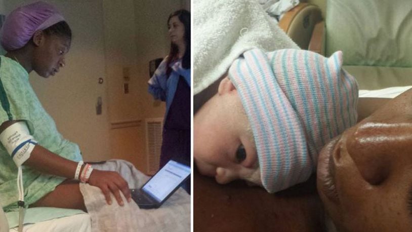 Left: Tommitrise Collins during labor. Right: with her newborn daughter, Tyler Elise.