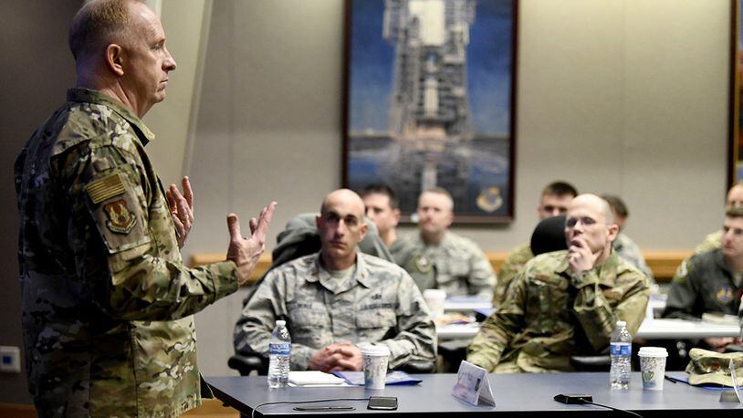 Lt. Gen. Robert McMurry, interim commander, Air Force Materiel Command, speaks during the command’s Squadron Leader Orientation April 1 at Wright-Patterson Air Force Base. The event is designed to provide the next generation of squadron-level leaders with detailed expectations for a successful command tour within AFMC. (U.S. Air Force photo/Scott M. Ash)