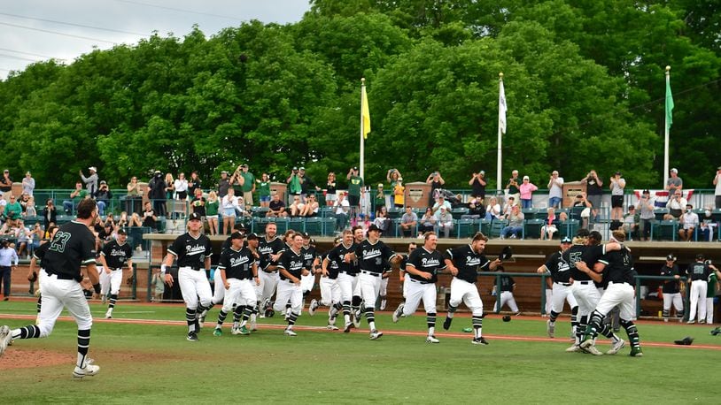 Wright State celebrates after winning the Horizon League tournament on Saturday, May 28, 2022, at Nischwitz Stadium in Fairborn. Photo courtesy of Wright State