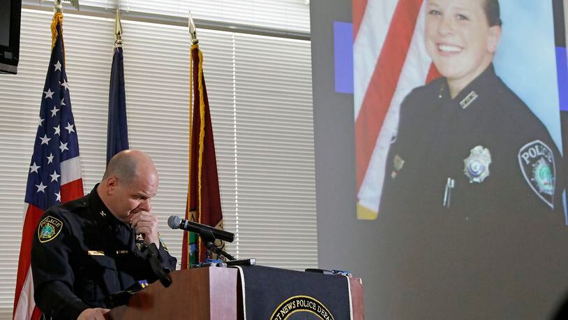 Newport News Police Chief Steve Drew becomes emotional while speaking about officer Katie Thyne during a press conference Friday morning Jan. 24, 2020 in Newport News, Va. Officer Thyne died Thursday night after being dragged during a traffic stop.