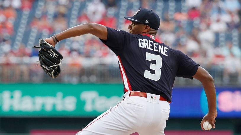 WASHINGTON, DC - JULY 15: Hunter Greene #3 of the Cincinnati Reds and the U.S. Team pitches in the fourth inning World Team during the SiriusXM All-Star Futures Game at Nationals Park on July 15, 2018 in Washington, DC.  (Photo by Patrick McDermott/Getty Images)