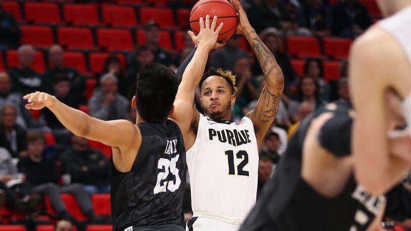 Purdue's Vincent Edwards shoots  during the first half against the Butler Bulldogs in the second round of the 2018 NCAA Men's Basketball Tournament at Little Caesars Arena on March 18, 2018 in Detroit, Michigan.  (Photo by Gregory Shamus/Getty Images)