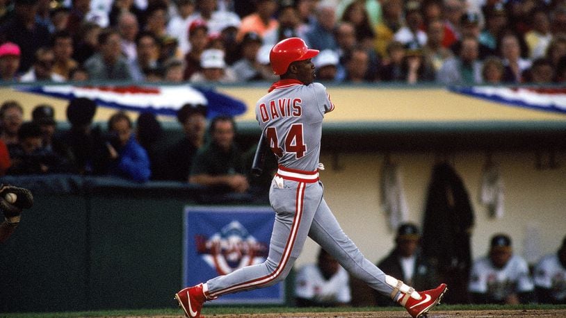 Eric Davis, shown here in the 1990 World Series vs. the Oakland A’s, was one of seven Cincinnati Reds to collect two hits in a 14-run first inning vs. the Houston Astros in 1989. (Photo by Otto Greule Jr/Getty Images)