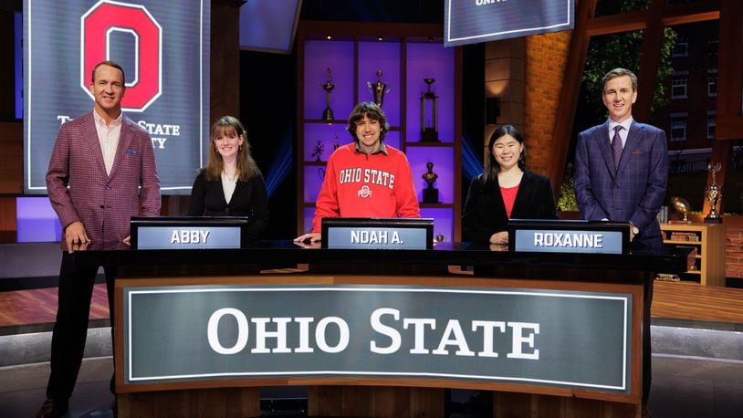 Beavercreek native Abby Cohen (pictured left beside NFL legend Peyton Manning), who has entered her sophomore year at The Ohio State University, will participate on NBC’s "Capital One College Bowl" Friday, Sept. 9 at 8 p.m. (Photo By: Steve Swisher/NBC).
