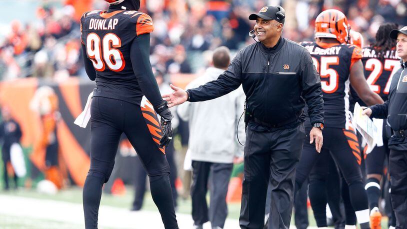 Bengals head coach Marvin Lewis was quite happy after  Carlos Dunlap made against the Ravens in a 27-10 win over the Ravens on Jan. 1 in Paul Brown Stadium. He was quite pleased as well over the weekend when he made a fancy putt from off a green in a celebrity golf tournament in Lake Tahoe.