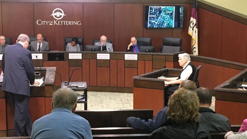 Kettering is reversing Board of Zoning Appeals denial of a radio tower variance for a resident, Wynn Rollert, who plans to erect a 50-foot tower on his property in the 4800 block of Mad River Road. Rollert is shown testifying before council, which heard his appeal regarding the zoning denial.