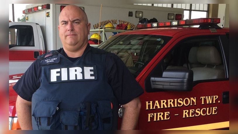 Harrison Twp. Fire Battalion Chief Sean McNeil models his Point Blank body armor vest in this 2015 photo. McNeil was placed on paid leave Nov. 9, 2018, pending an investigation.