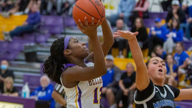 Bellbrook’s Dreann Pryce shoots over Miamisburg’s Anna Long during a game at Bellbrook on Dec. 29, 2021. Pryce came off the bench to contribute seven points, four steals and three assists in Bellbrook’s win. Jeff Gilbert/CONTRIBUTED