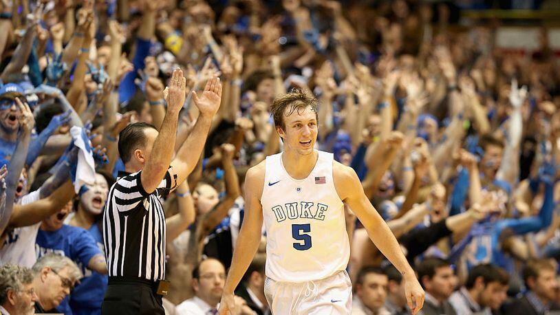 DURHAM, NC - MARCH 05: Luke Kennard #5 of the Duke Blue Devils reacts after a basket against the Duke Blue Devils during their game at Cameron Indoor Stadium on March 5, 2016 in Durham, North Carolina. (Photo by Streeter Lecka/Getty Images)