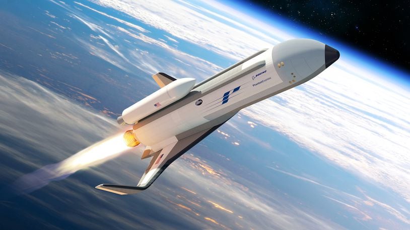 Boeing’s reusable space plane, depicted as a rendering, is under development through a public-private partnership with the Defense Advanced Research Projects Agency. (Boeing Co.)