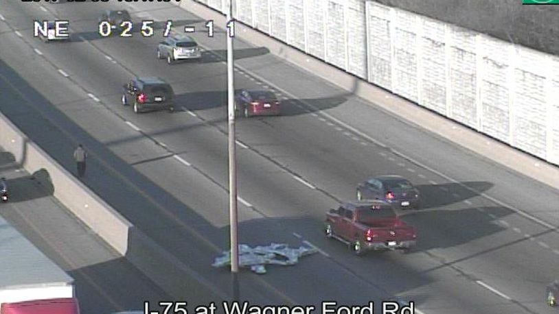 This large piece of metal blocked the left lane of I-75 North, at Wagner Ford Road, on Friday afternoon, Feb. 3, 2017. (Courtesy/ODOT)