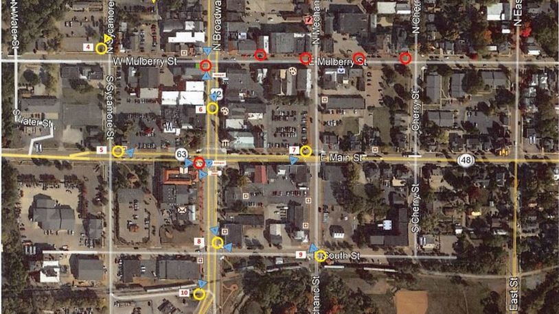 Lebanon City Council is expected to approve the installation of security cameras throughout the Central Business District and up to the 511 North Broadway development. Council is expected to approve the project as an emergency so that it can take effect immediately. The devices on the map are in yellow, red and blue. CONTRIBUTED/CITY OF LEBANON