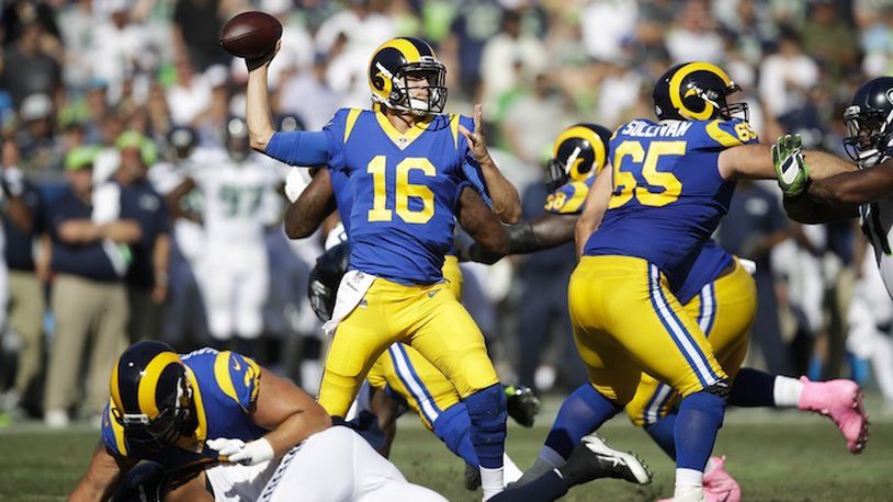 Los Angeles Rams quarterback Jared Goff throws a pass during an NFL football game against the Seattle Seahawks Sunday, Oct. 8, 2017, in Los Angeles. (AP Photo/Jae C. Hong)