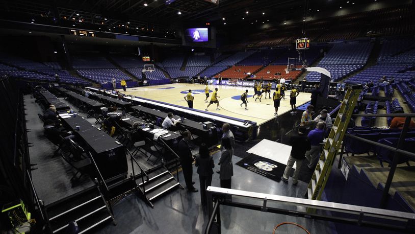 North Carolina A&T takes to the UD Arena floor for the first practice session of the First Four NCAA games that begin tonight to see who advances into the bracket this weekend. CHRIS STEWART / STAFF