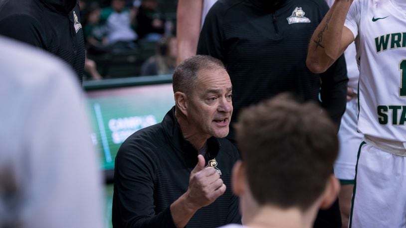 Wright State coach Scott Nagy talks to his team during a game vs. Oakland at the Nutter Center on Jan. 8, 2023. Wright State Athletics photo