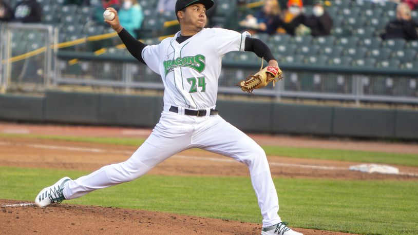 Dayton starter Eduardo Salazar made his second start for the Dragons in their home opener Tuesday night at Day Air Ballpark. Jeff Gilbert/CONTRIBUTED