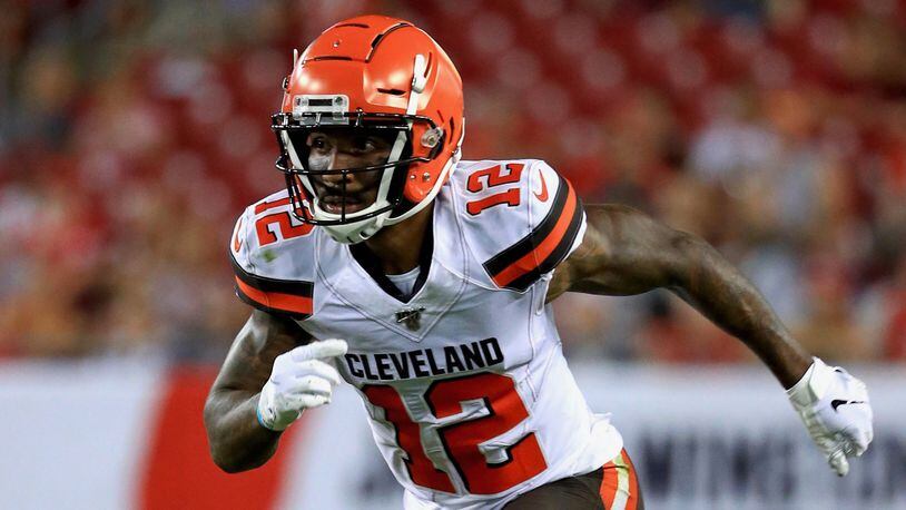 TAMPA, FLORIDA - AUGUST 23: Braxton Miller #12 of the Cleveland Browns runs a route during a preseason game against the Tampa Bay Buccaneers at Raymond James Stadium on August 23, 2019 in Tampa, Florida. (Photo by Mike Ehrmann/Getty Images)