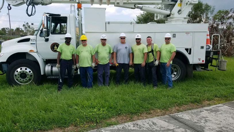 Seven Hamilton municipal lineworkers spent two weeks in Florida helping the city of Homestead reconnect its electrical system after Hurricane Irma. They were Joe Schlichter, Jeff Hill, Ed Kimbel, Willie Carter, Kelly McDonough, Chris Riddle and Lenny Zepp. CONTRIBUTED