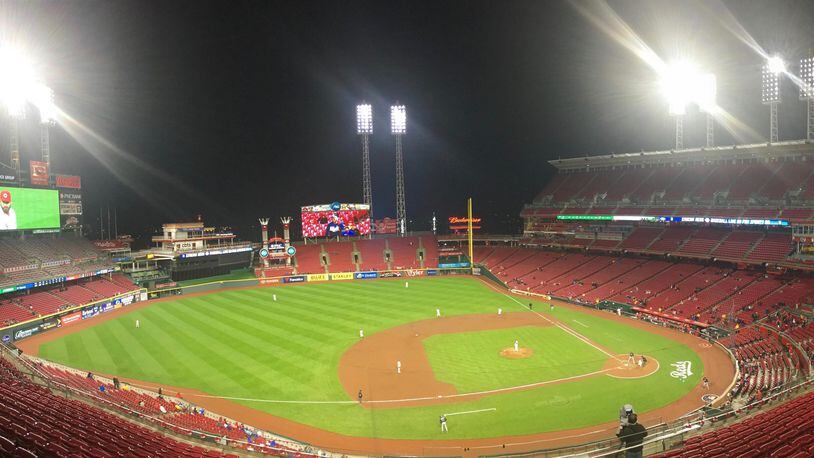 The scene at Great American Ball Park in the ninth inning as the Reds play the Braves on Monday, April 23, 2018, in Cincinnati. David Jablonski/Staff