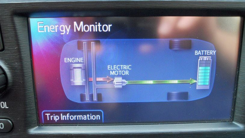 A dash display on a Toyota hybrid electric vehicle showing the engine, electric motor and the high-voltage battery pictograms. James Halderman photo
