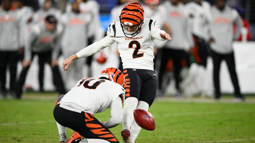 Cincinnati Bengals' Evan McPherson kicks a field goal during the first half of an NFL football game against the Baltimore Ravens, Sunday, Oct. 9, 2022, in Baltimore. (AP Photo/Nick Wass)