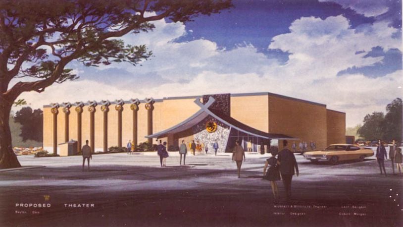 Artist rendering of the Kon-Tiki Theater, one of seventeen indoor and outdoor theaters owned by the Levin brothers of Dayton. The Polynesian themed movie theater was located on Salem Ave.