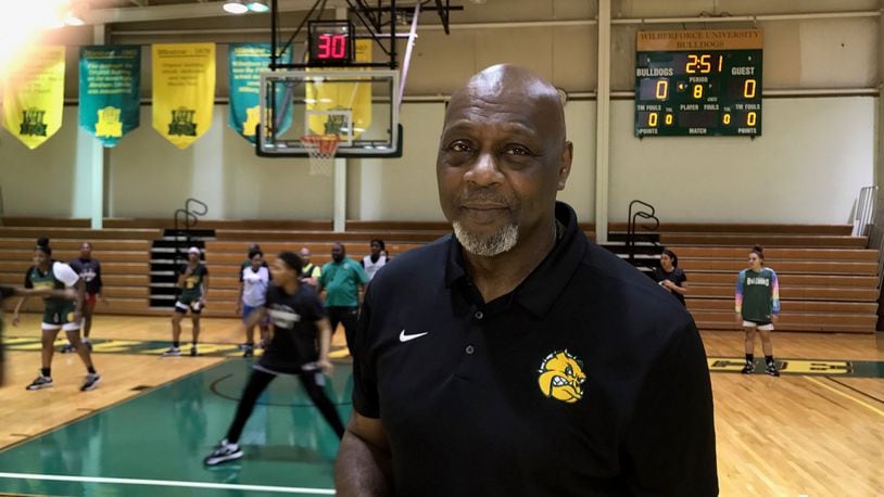 Wilberforce assistant coach Lionel Garrett at Bulldogs practice last week at Gaston Lewis Gym. Tom Archdeacon/CONTRIBUTED