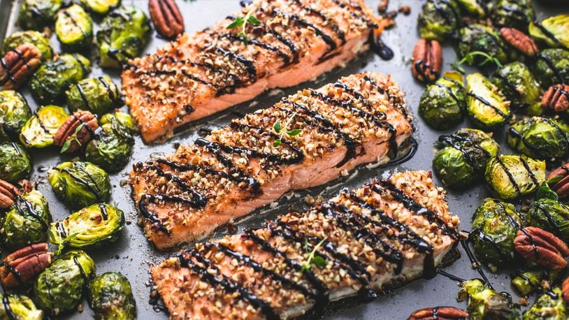 Saturday’s Sheet Pan Pecan-Crusted Salmon With Brussels Sprouts only takes about 20 minutes prep time. Contributed by American Pecan Council