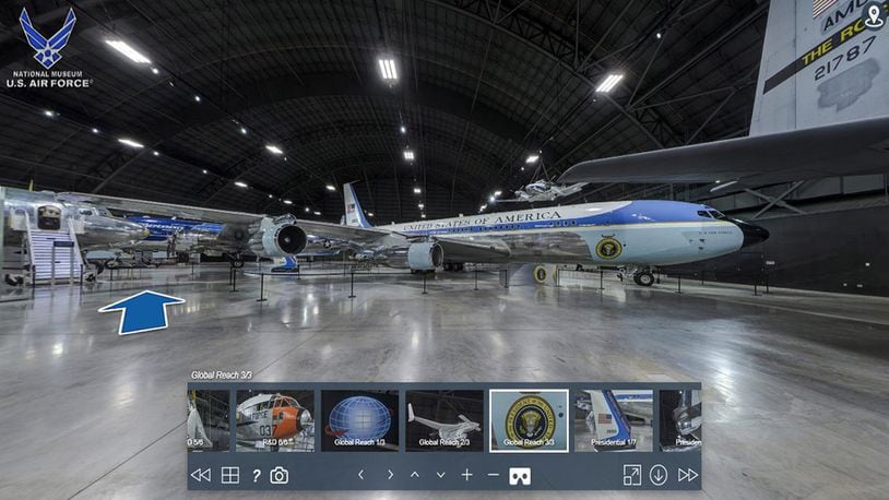 The virtual tour allows visitors to take a virtual, 360-degree, self-guided tour of the entire National Museum of the U.S. Air Force by navigating from gallery to gallery either by using a drop-down map or by following navigational arrows connecting the individual nodes. Icons indicate hotspots where the visitor can get additional information such as videos, audio and links to online resources. (U.S. Air Force photo)