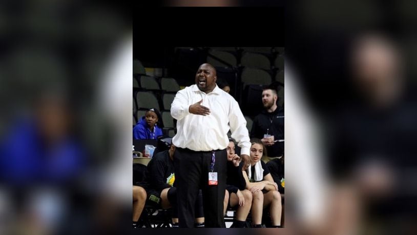 Derek Williams of Wilberforce coaching during a game last season. Williams serves as the athletic director as well as the women's basketball coach. CONTRIBUTED